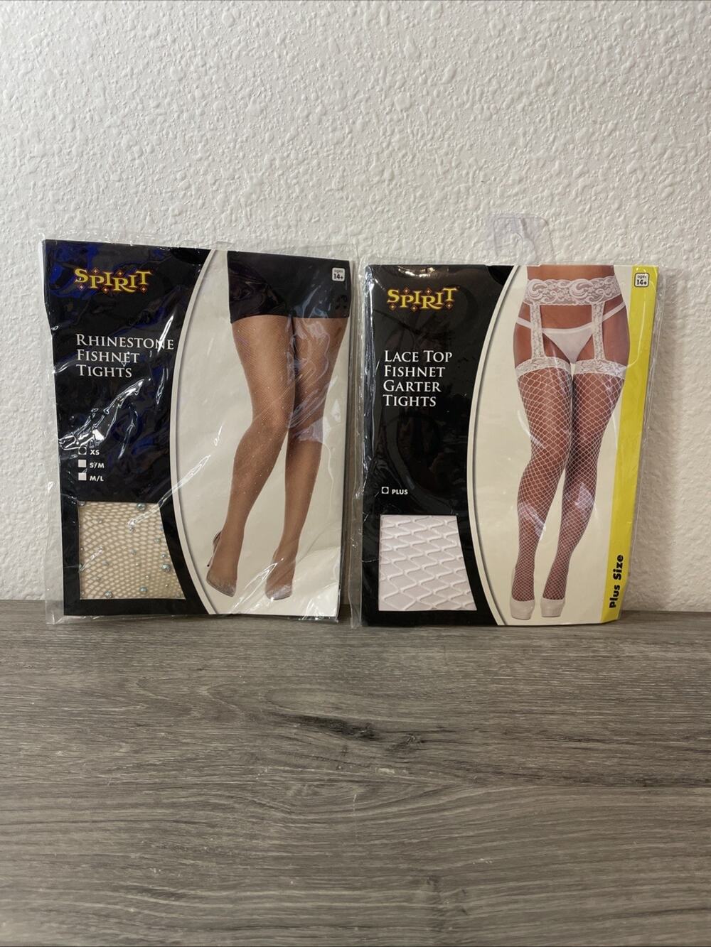 Lot of 2 Spirit Halloween Tights Rhinestone Beige S/M & White Lace Garter Plus